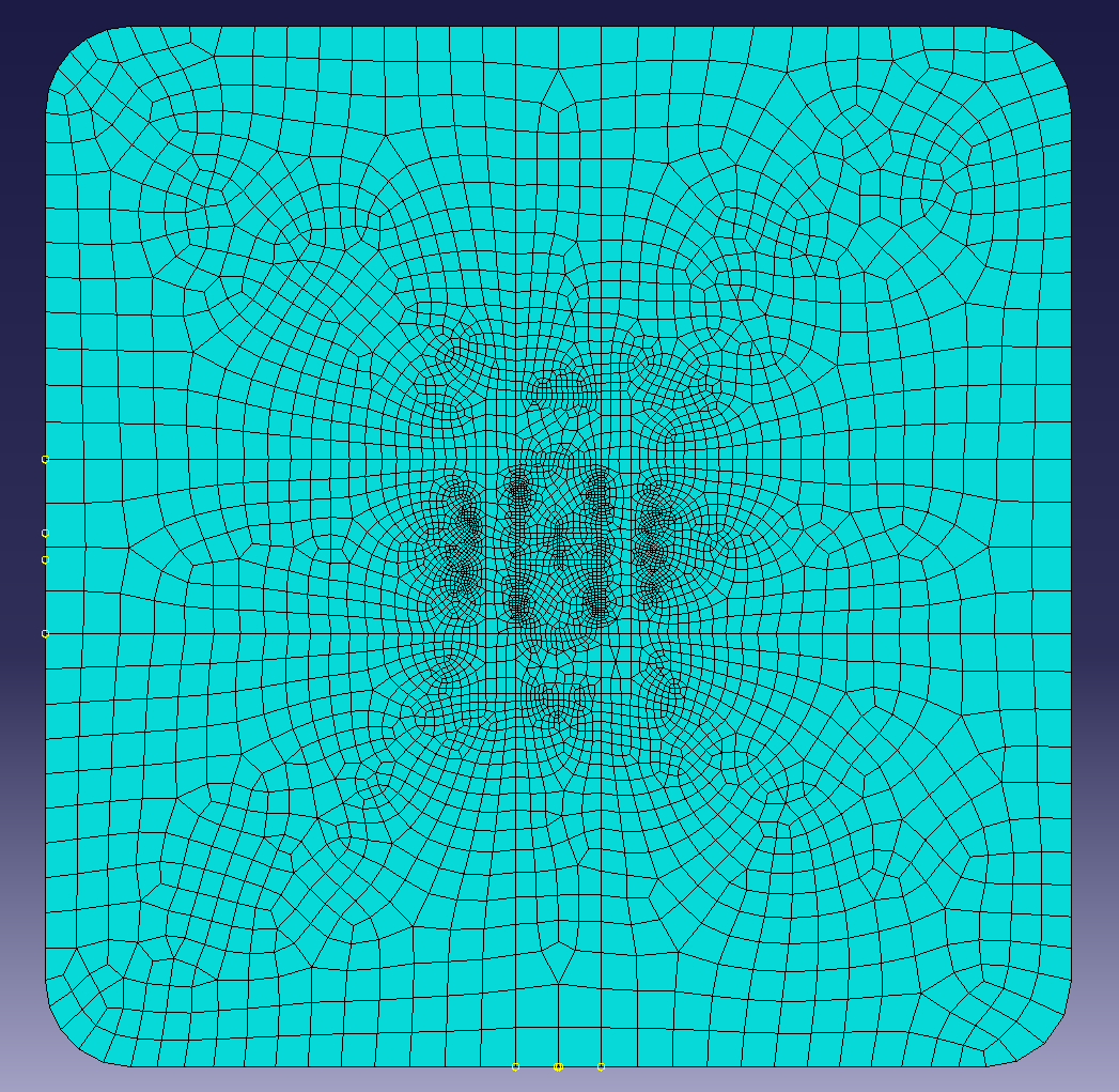 Surface after remeshing. Edges were rounded and the mesh is more contentrated around the crack and adhesive edges